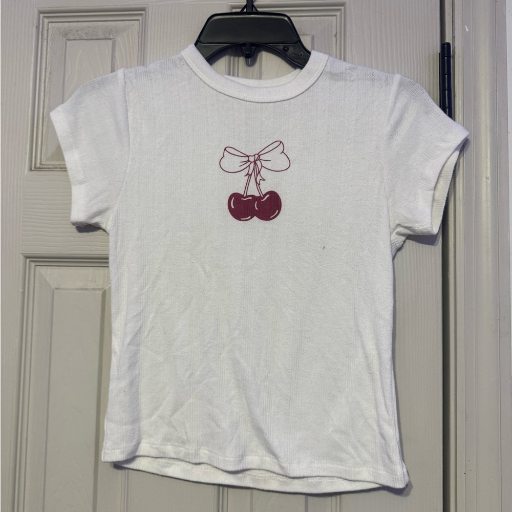 White T-Shirt with Cherry Graphic
